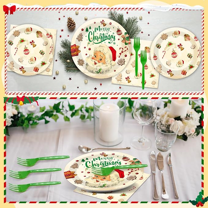 Qyeahkj 100 Pcs Christmas Xmas Party Paper Plates and Napkins, Vintage Holiday - Image 7