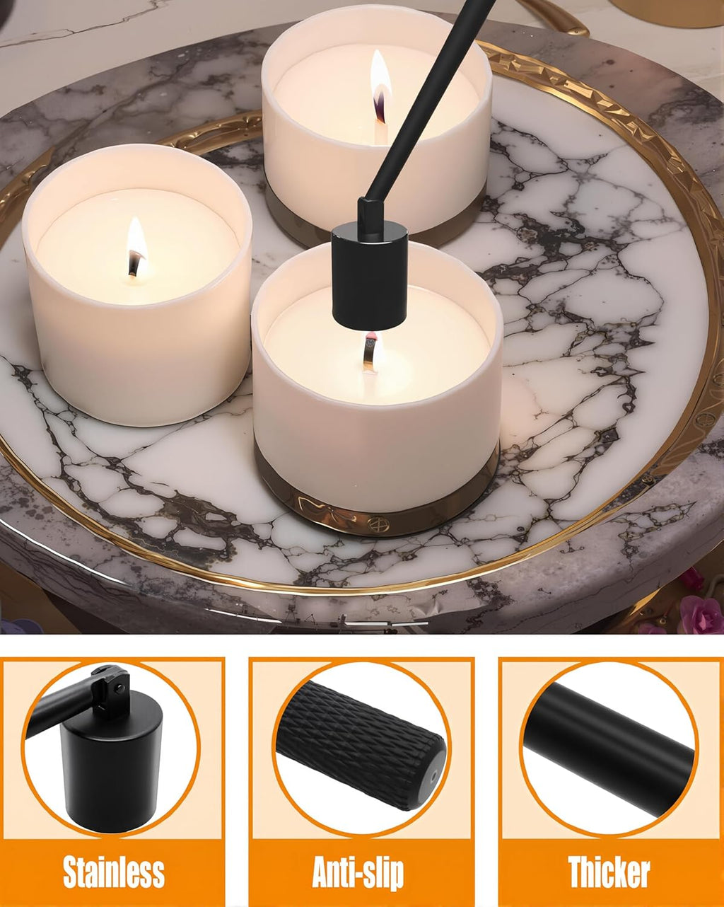 4 in1 Candle Accessory Set with Storage Tray Plate, Candle Wick Trimmer, Candle Wick Snuffer, Candle Wick Dipper, Great for Scented Candles Lovers (Matte Black)