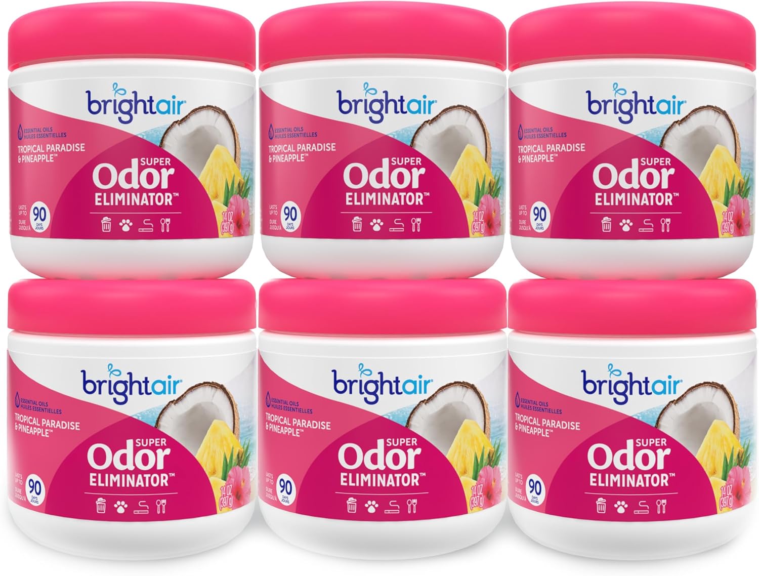 Bright Air 14 oz. Super Odor Eliminator, For Medium-Size Spaces, Tropical Paradise & Pineapple Scent, Case of 6, Air Freshener, Natural Essential Oils, Lasts Up to 90 Days Each