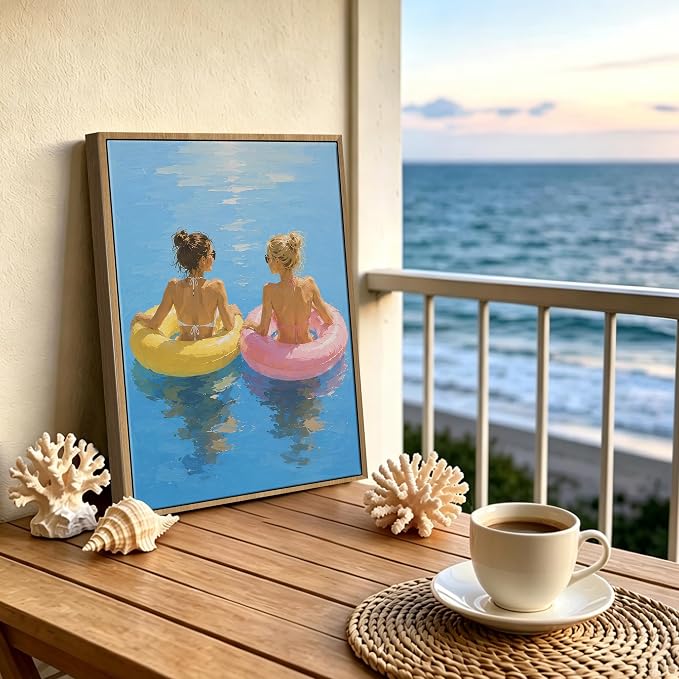 Framed Pastel Beach Float Wall Art Two Women in Colorful Swim Rings on Calm - Image 2
