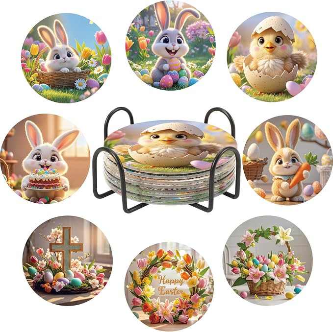 UPINS 8 Pieces Easter Diamond Art Coasters, Bunnies Diamond Art Coaster by UPINS