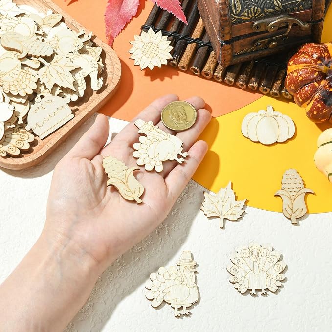 100 pcs Mixed Styles Thanksgiving Theme Unfinished Wooden Cutout Charms Pumpkin - Image 4