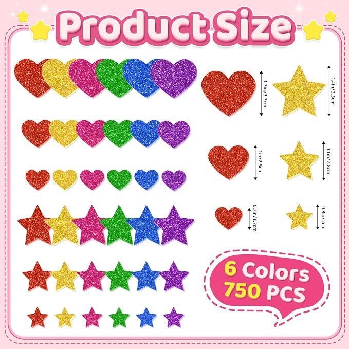 750Pcs Foam Stickers, Colorful Foam Shape Stickers Self Adhesive Star Heart - Image 2