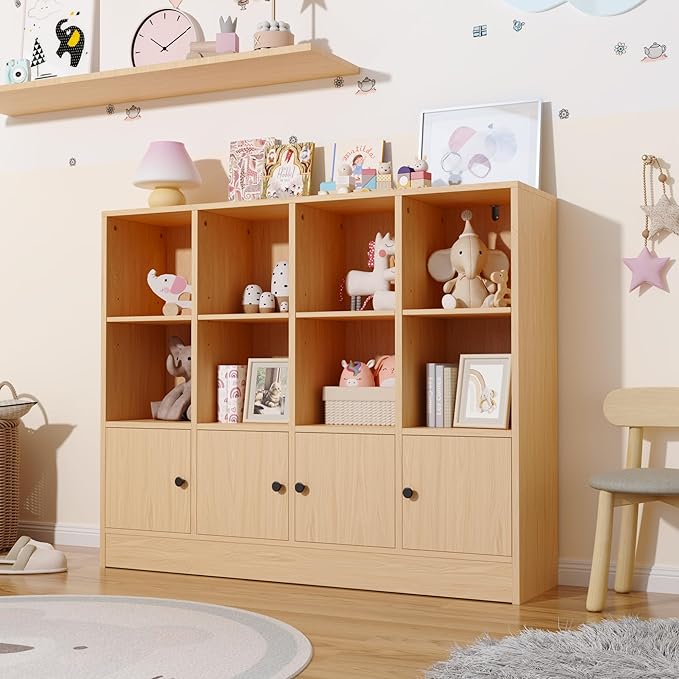 Oak Bookshelf, Wood Bookcase with 3 Tier Shelves, 12 Cube Storage Organizer with Doors for Bedroom, Living Room, 47.8" W x 39.1" H