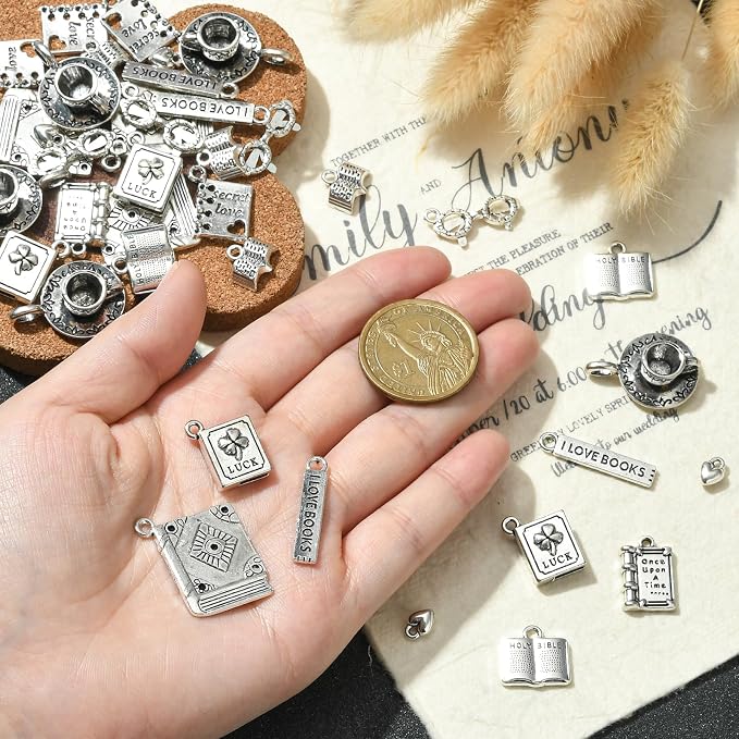 DanLingJewelry 50Pcs 10 Styles Librarian Charms School Library Tibetan Silver - Image 3