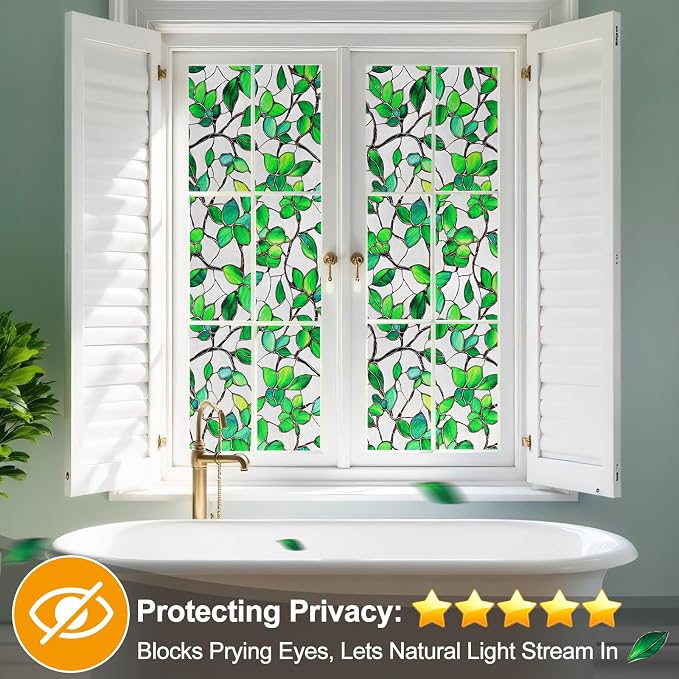 Countewol Greenery Leaf Static Cling Window Film Frosted Stained Glass Privacy - Image 7