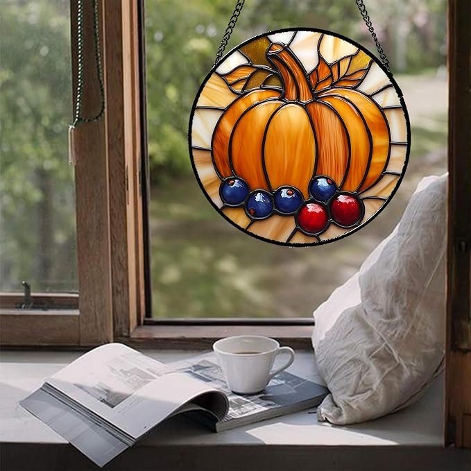 DASTOLL Stained Glass Window Hanging Fall Pumpkin Berries 9.8" - Image 5