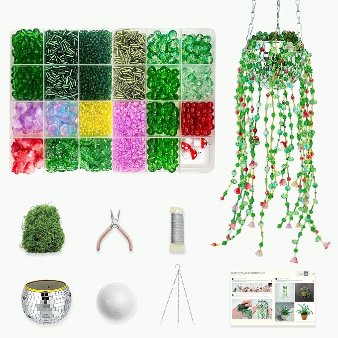 Beaded Plant Kit Green Glass Beads Flower Leaf Suncatcher Disco Ball Hanging by Juan%27s+Moment