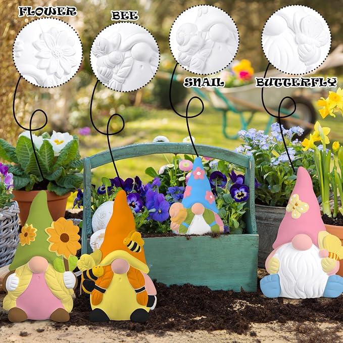 Poen 6 Sets Ready to Paint Your Own Ceramic Gnome Statues Summer DIY Unpainted - Image 6