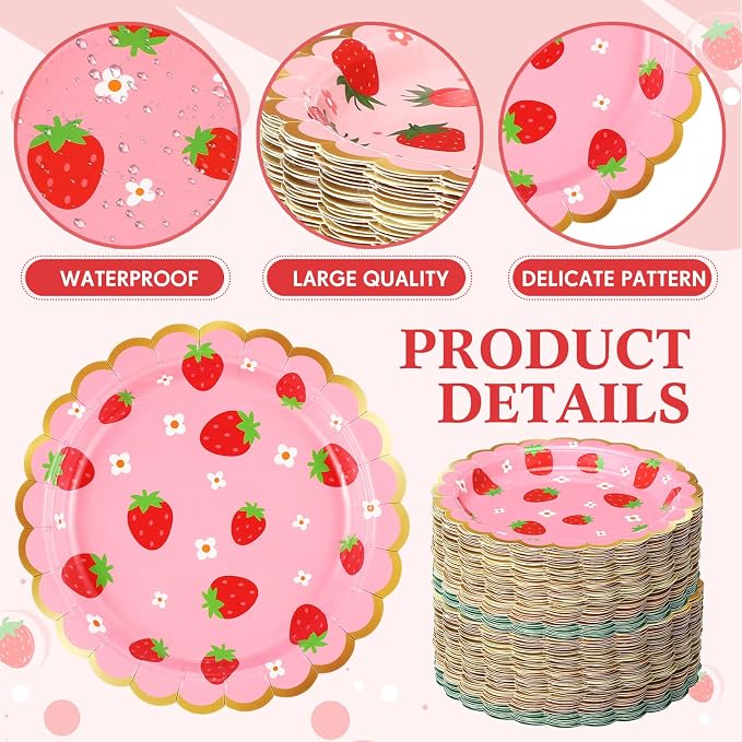 Funnymoom 60 Pcs Strawberry Party Plates Berry First Birthday Disposable Flower - Image 3