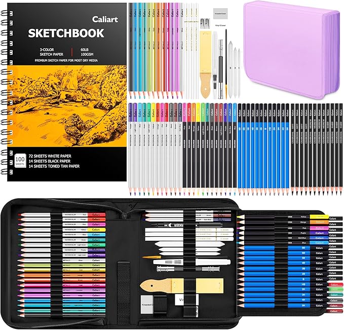 Caliart 176PCS Art Supplies Sketching Kit, 100 Sheets 3-Color Sketch Book | by Caliart