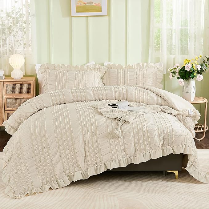 WONGS BEDDING Beige Textured Comforter Set King, 3 Pieces Ruffle Farmhouse - Image 4