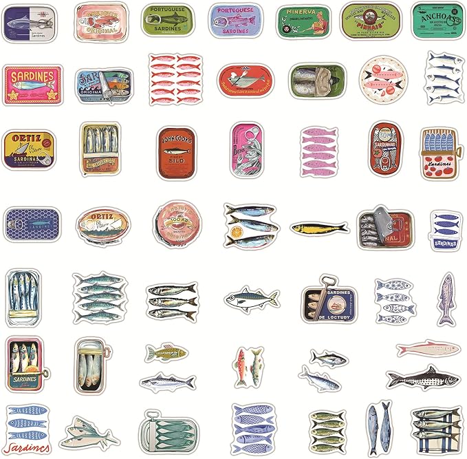 50 Pcs Vintage Sardine Fish Can Stickers, Retro Seafood Tin Label Ocean Fish - Image 3