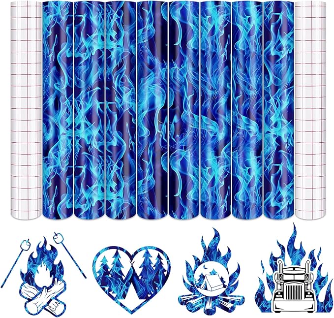 Tintnut Flame Pattern Permanent Vinyl 8 Pcs 12x10in Blue Adhesive Vinyl | by Tintnut
