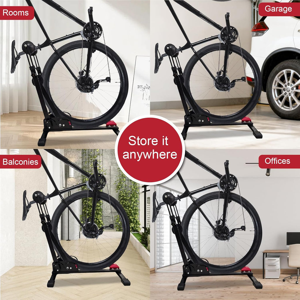 Heavy-Duty Floor Bike Stand, Freestanding Bicycle Storage Rack, Adjustable Dual Support Arms, No-Drill Installation for Garage, Black