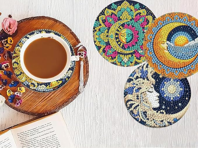 8 PCS Diamond Art Coasters Kits Sun and Month Diamond Painting Coaster | - Image 8