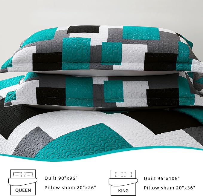 Tyrot 3 Piece Teal/Turquoise Grey Quilt Set King Size Black White Geometric - Image 7