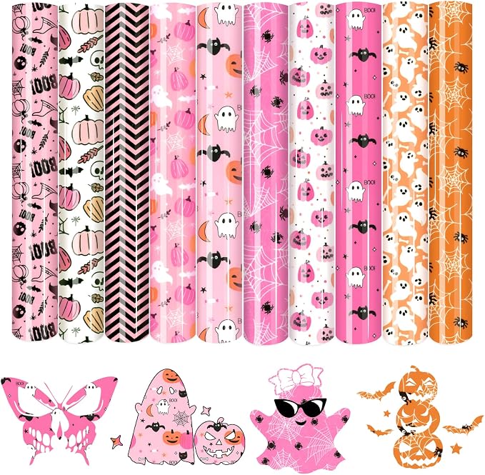 Tintnut Pink Halloween Heat Transfer Vinyl, pumpkins & bats patterned HTV by Tintnut