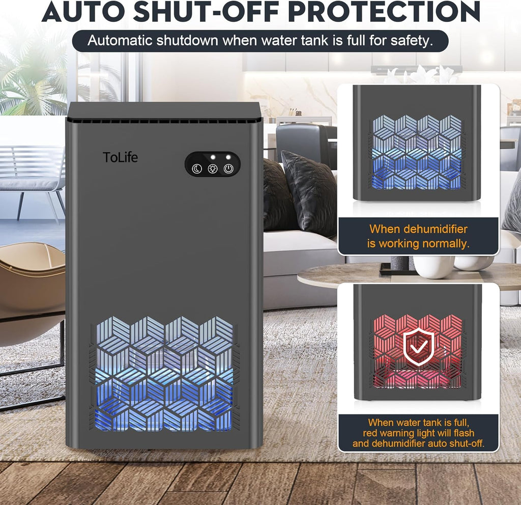ToLife Dehumidifier for Home, 1000 sq.ft Dehumidifiers for Basement Bedroom Bathroom with 95 OZ Water Tank, Auto Shut Off 7 Colors LED Light, Grey