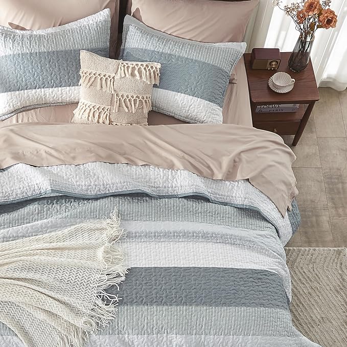 Andency Grey Striped Quilt Set Cal King, 3 Pieces Patchwork Bedspread Coverlet - Image 6
