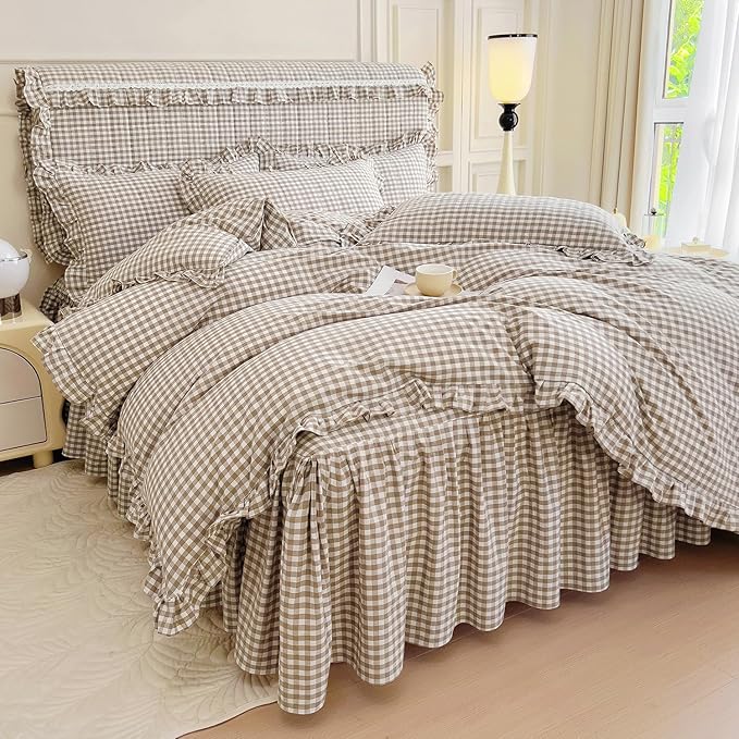 mixinni Tan Gingham Ruffle Duvet Cover Twin Size 3 Pieces – 100% Washed Cotton - Image 4