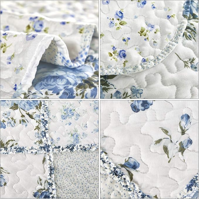 Oversized King Size Blue Floral Plaid Patchwork Quilt Set 128x120 Extra Wide - Image 7