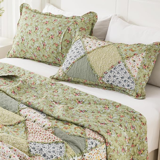 VIVILINEN Full Queen Size Green Patchwork Quilt Set Reversible Quilted - Image 5