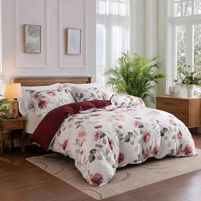 OAITE Duvet Cover Queen Size, Reversible Blooming Flowers White Duvet Cover Set - Image 2