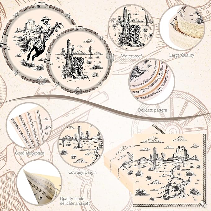 Pickmesh 400 Pcs Western Cowboy Party Plates and Napkin Decoration Wild West - Image 3