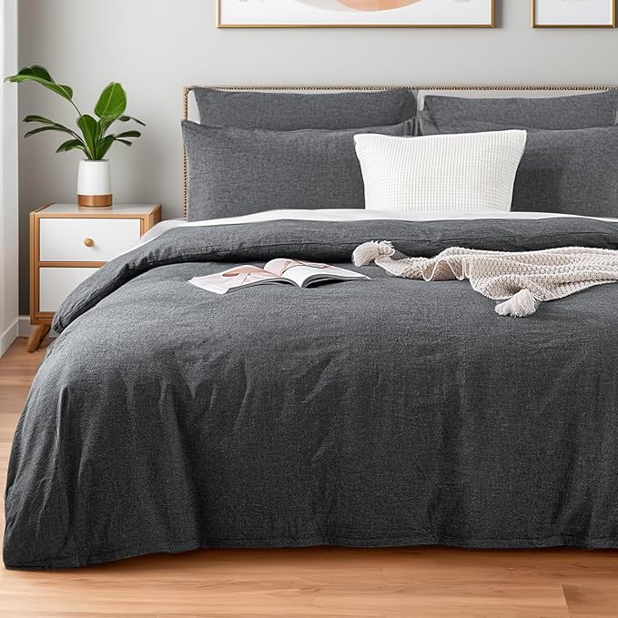 NEXHOME PRO Duvet Cover King 100% Washed Cotton, Heathered Black Breathable by NEXHOMEPRO