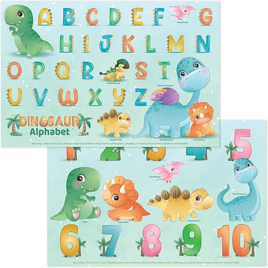 Disposable Placemats for Baby, Toddlers and Kids, 40 Disposable Baby Placemats for Restaurant, Dining Table & Travel, Learning Placemats for Kids, Toddler Travel Essential, Dinosaurs ABC & Numbers