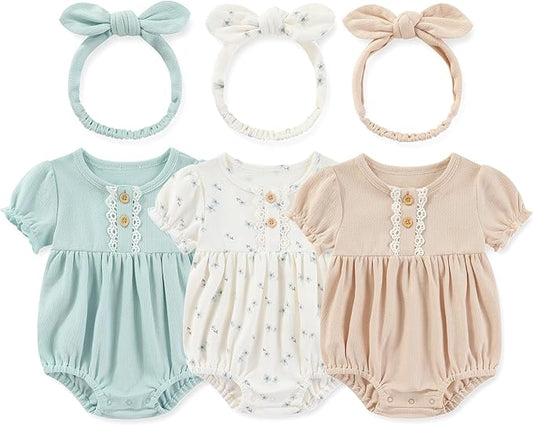 Newborn Baby Girl Clothes Cotton Bubble Romper Floral Short Sleeve Bodysuit 3 Pack
