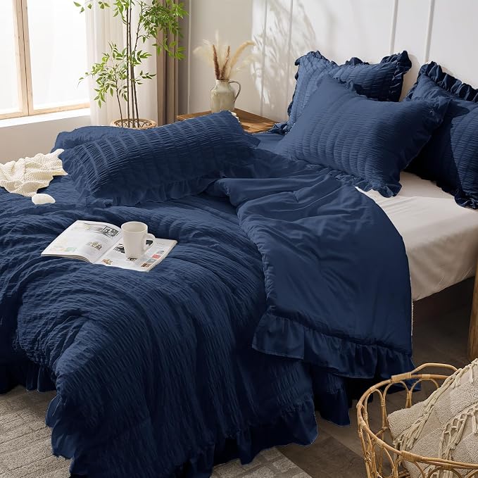 JOLLYVOGUE Navy Blue King Comforter Set, 3 Pieces Seersucker Comforters King - Image 8