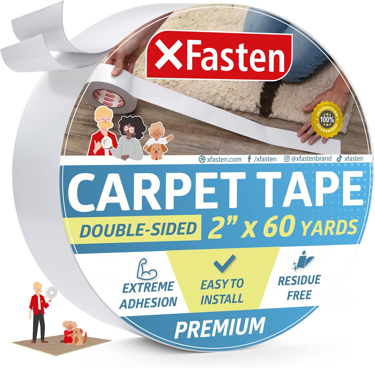 XFasten Double Sided Carpet Tape for Area Rugs, 2 Inch x 60 Yards – Heavy Duty Anti Slip Rug Grip Tape, Works as Rug Gripper, Residue Free, Wood Safe, Easy Removal for Hardwood and Laminated Floors
