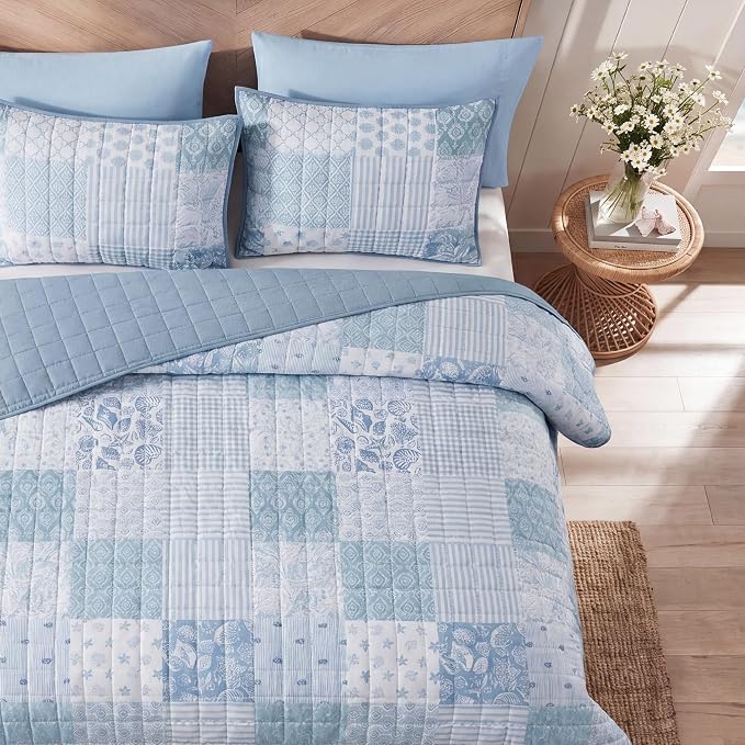 BLOOMHAVEN Quilt Set Queen Size, Patchwork Sea Blue Floral Quilt Sets, - Image 7