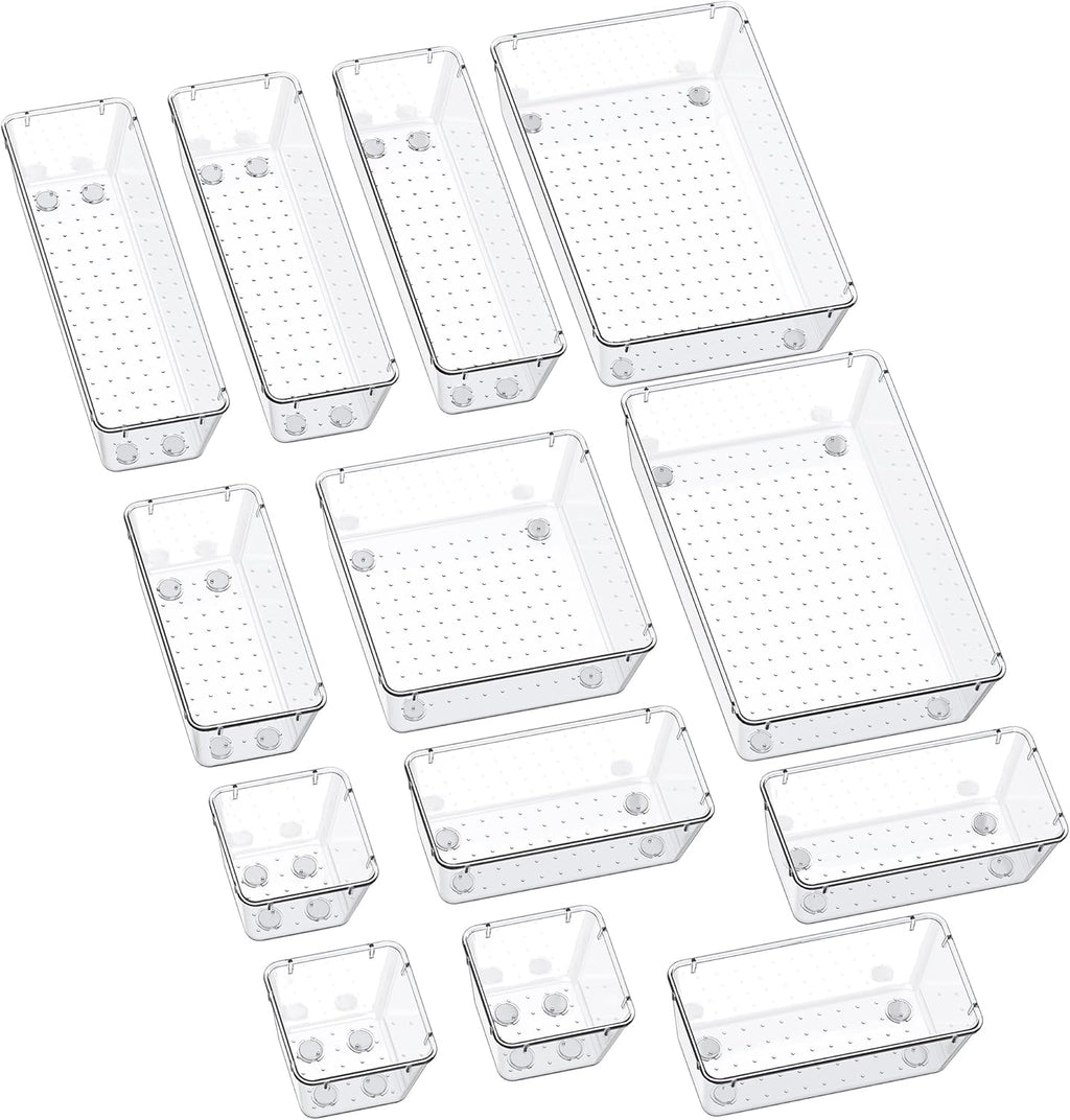 SMARTAKE 13-Piece Drawer Organizers with Non-Slip Silicone Pads, 5-Size Desk Bathroom Drawer Organizer Trays Storage Tray for Makeup, Jewelries, Utensils in Bedroom Dresser, Office and Kitchen, Clear