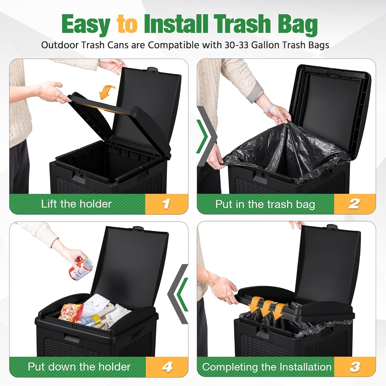 Flamaker 30 Gallon Trash Can, Resin Outdoor Garbage Can with Lid, Waterproof Hideaway Patio Waste Bins for Outside Use (2 Pack, Black)