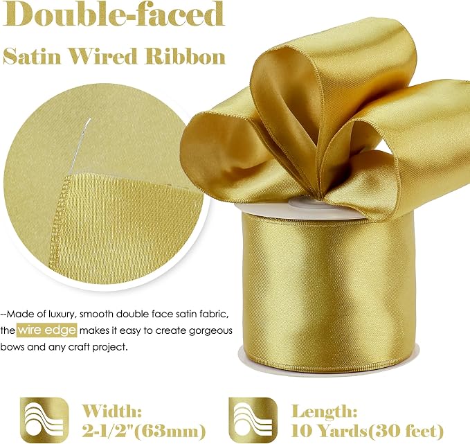 HUIHUANG Gold Satin Wired Ribbon 2.5 inch Gold Christmas Wire Ribbon - Image 2