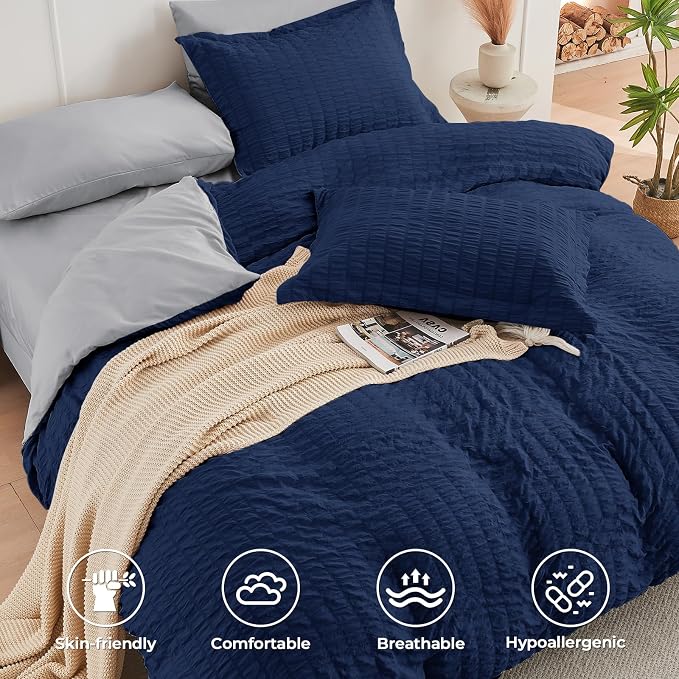 HYMOKEGE Navy Blue/Light Grey Queen Comforter Set Seersucker 7 Pieces, All - Image 3