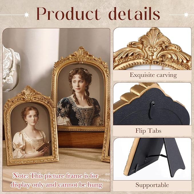 Wonderjune 3 Pcs Vintage Picture Frames Antique Set Baroque Ornate Gold Arched - Image 3