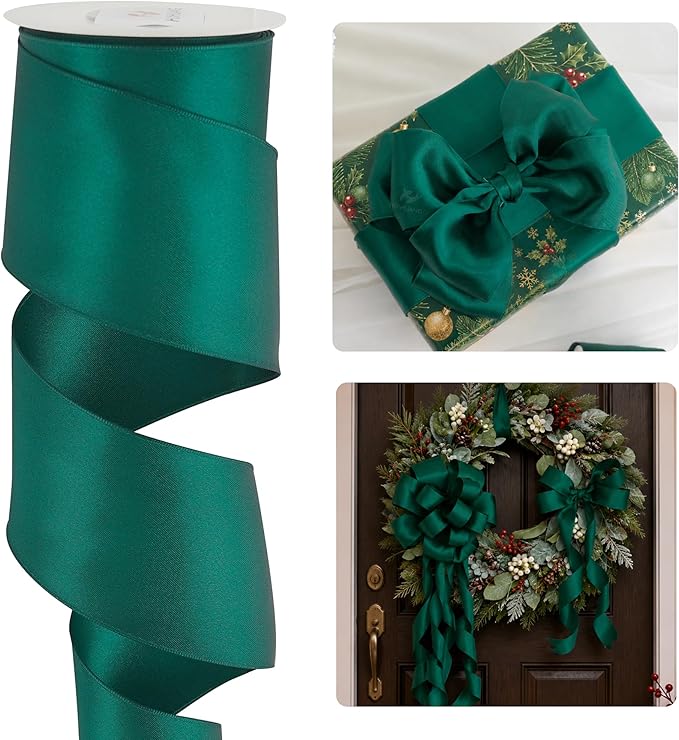 HUIHUANG Hunter Green Satin Wired Ribbon 2.5 inch Dark Green Wire Edge Ribbon by HUIHUANG