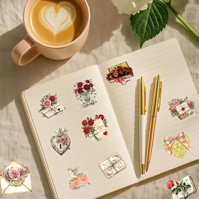 50PCS Vintage Rose Flower Stickers, Retro Love Letter Floral Decals, Waterproof - Image 7