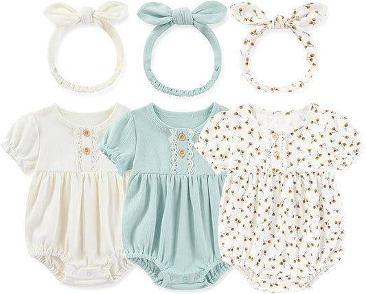 Newborn Baby Girl Clothes Cotton Bubble Romper Floral Short Sleeve Bodysuit 3 Pack