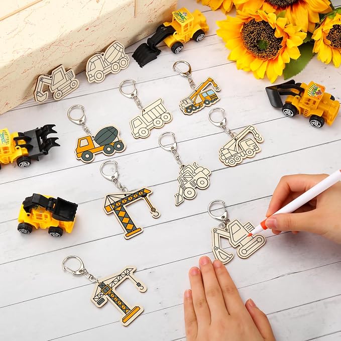 RattanView 24 Pcs Construction Vehicle Craft Color Your Own Keychains Diy Craft - Image 4