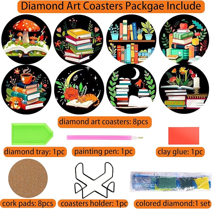 TDOOW Diamond Art Coasters 8 Pcs Colorful Book Diamond Painting Coasters Kit - Image 4