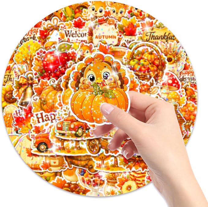100 Pcs Thanksgiving Fall Waterproof Vinyl Theme Glitter Holographic Stickers - Image 6
