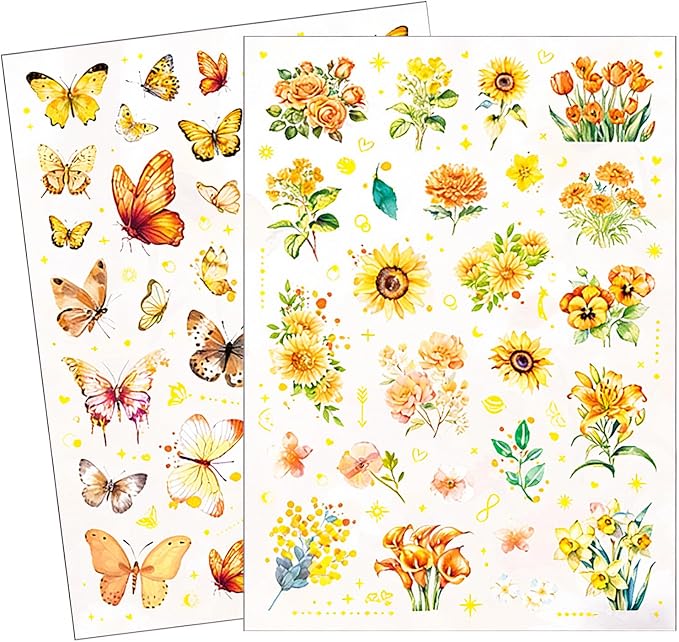 50+Pcs Transparent Golden Floral Butterfly Scrapbook Stickers Pack, Sunflower by STARZIWEN