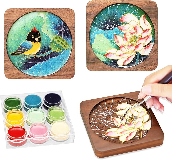 Wooden Coasters Craft Kits – Filigree Enamels Painting DIY Coasters Art by Blauwhim