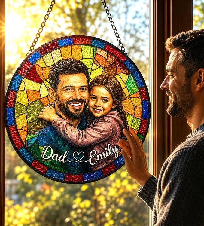 Personalized Dad Stained Glass Sun Catcher, Custom Photo Family Portrait Window - Image 2