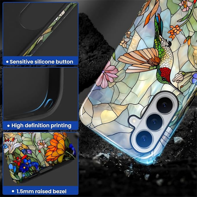 for Samsung Galaxy S26 Case, Hummingbird Wildflower Stained Glass Pattern - Image 4